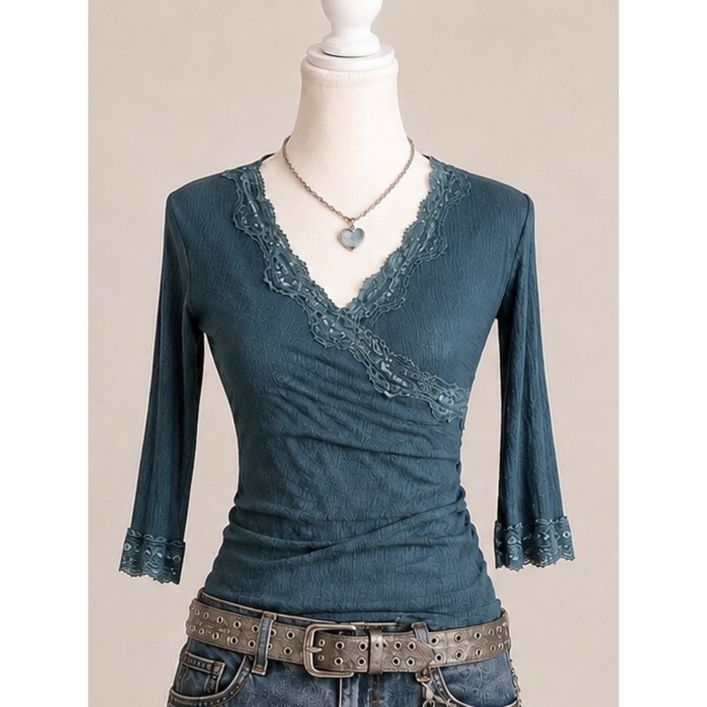 VTG 90s Ann Ferriday Blue Lace Crinkle Mesh Wrap Top L USA Made Whimsigoth Y2K